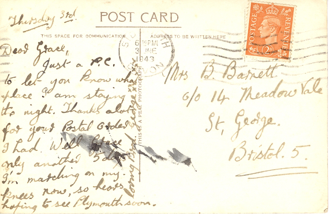 Postcard from George Beach 44RM Cdo to his sister Grace