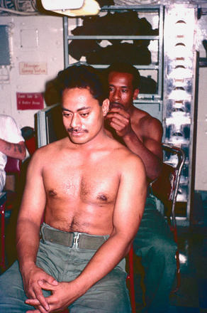 Phillipe Ravouko and Roger Wale, 95 Commando RA, on HMS Albion