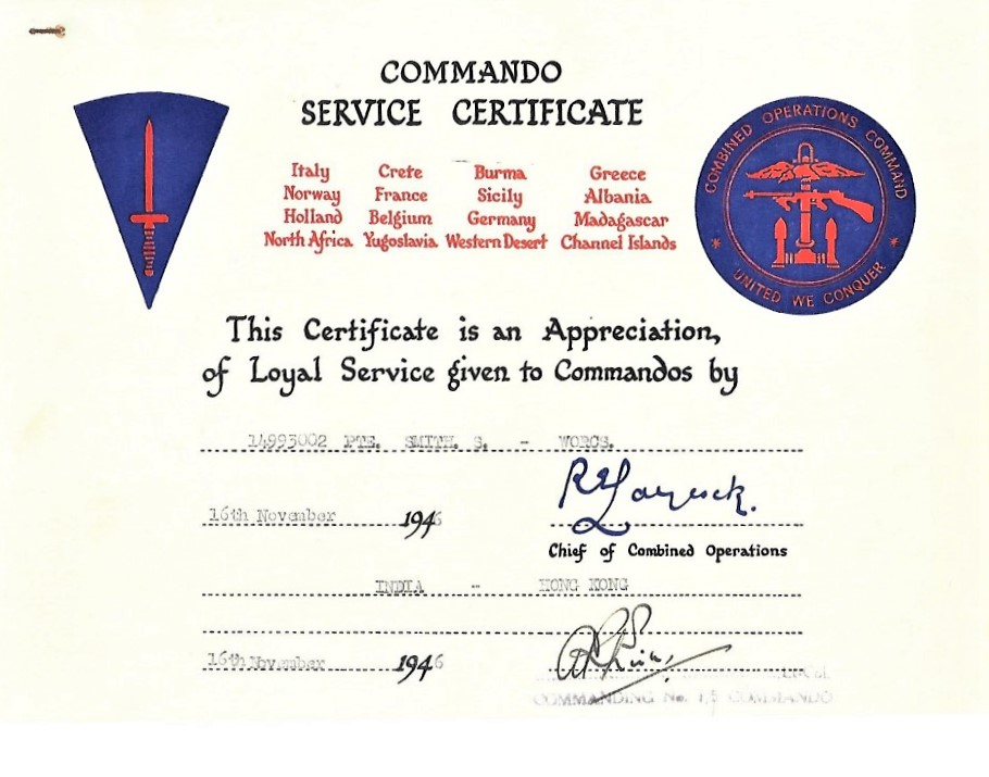 Commando Service Certificate for Pte. Stan Smith 1/5 Cdo.