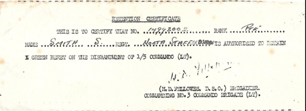 Green Beret Retention Certificate of Pte Stan Smith No.1/5 Cdo