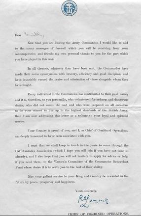 Pte Stan Smith's copy of the letter from Chief of Combined Ops