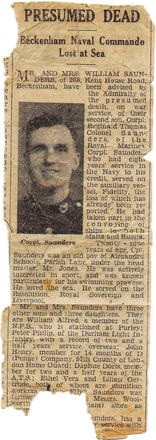 Newspaper cutting about the death of Marine Reg Saunders 40RM Commando