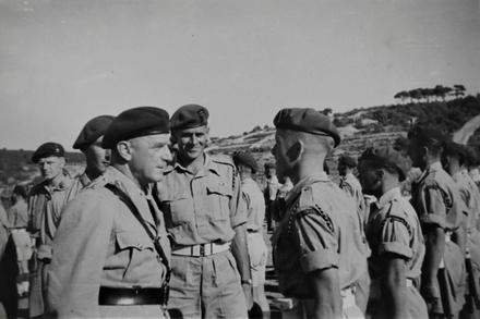 Maj. Gen Sturges GOC Cdo Gp. and Lt Col Ted Fynn No.2 Cdo. Vis inspection 1944
