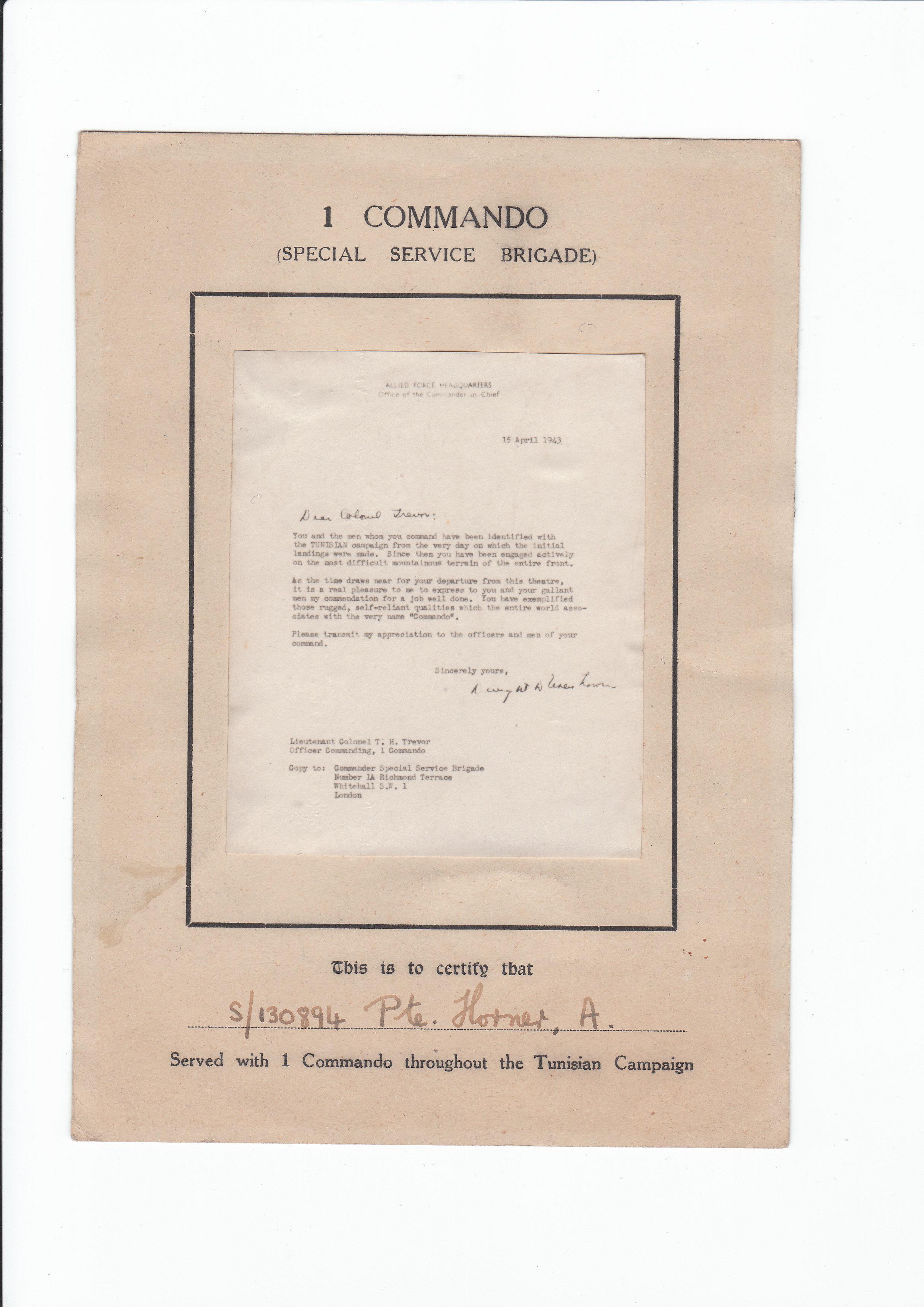 Letter of thanks to No.1 Commando From  from the Commander in Chief Allied Forces