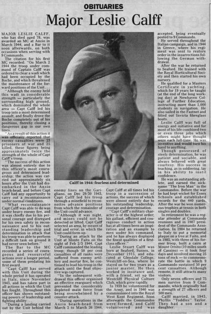 Obituary for Major Leslie Callf MC*  No.9 Commando