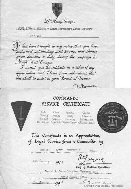 Commando Service Certificate and commendation for L/Cpl. Stanley Swinson