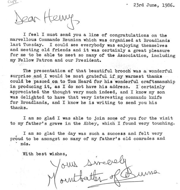 Letter of thanks from The Countess Mountbatten of Burma