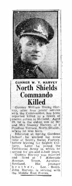 Newspaper report on the death of Gnr. Bill Harvey