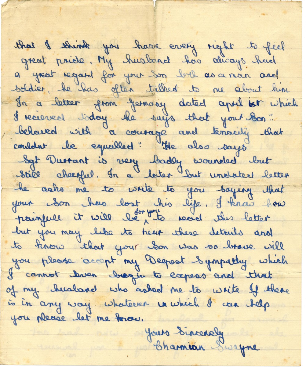 Letter (page 2) from Mrs Swayne wife of Lieut. Ronnie Swayne MC