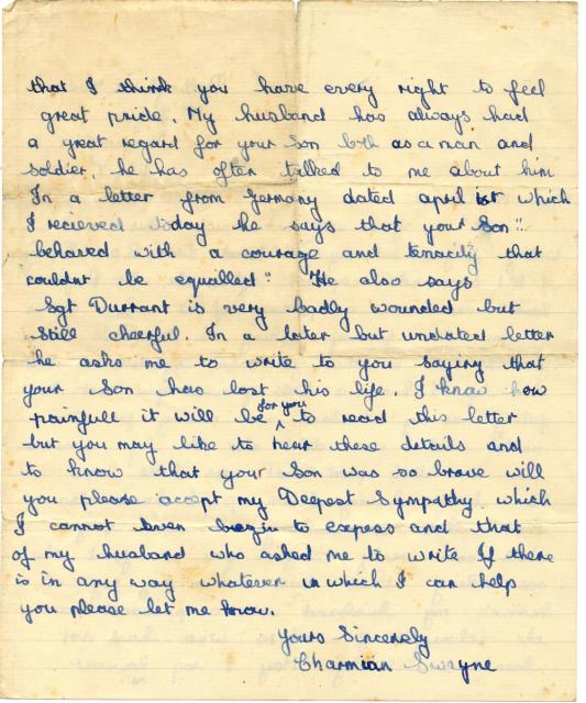 Letter (page 2) from Mrs Swayne wife of Lieut. Ronnie Swayne MC