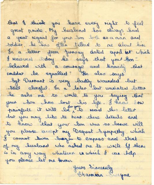 Letter (page 2) from Mrs Swayne wife of Lieut. Ronnie Swayne MC