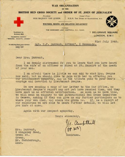 British Red Cross letter dated 21st July 1942