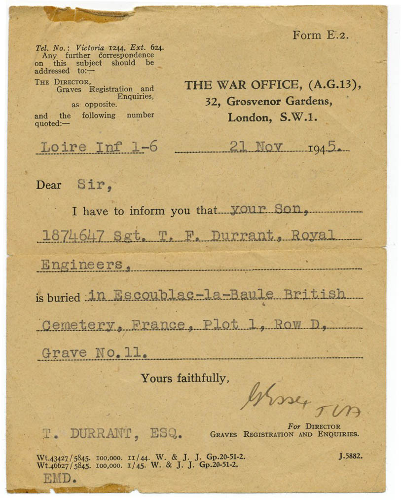 Burial Notice dated 21st July 1945