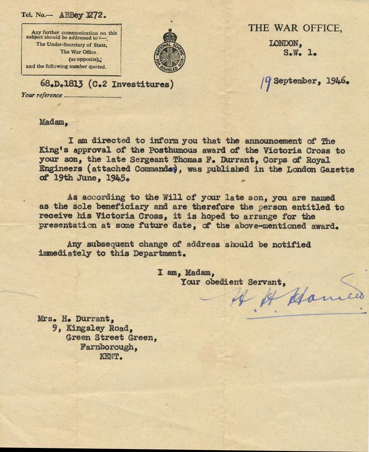 War Office letter regarding the Victoria Cross