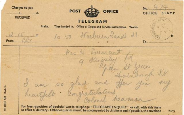 Telegram from Lt. Col. Newman VC