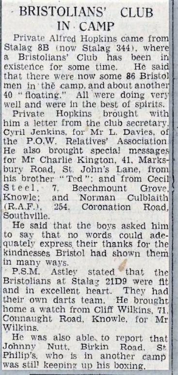 Report in the Western Daily Press 1 June 44 after Pte Hoskins was repatriated