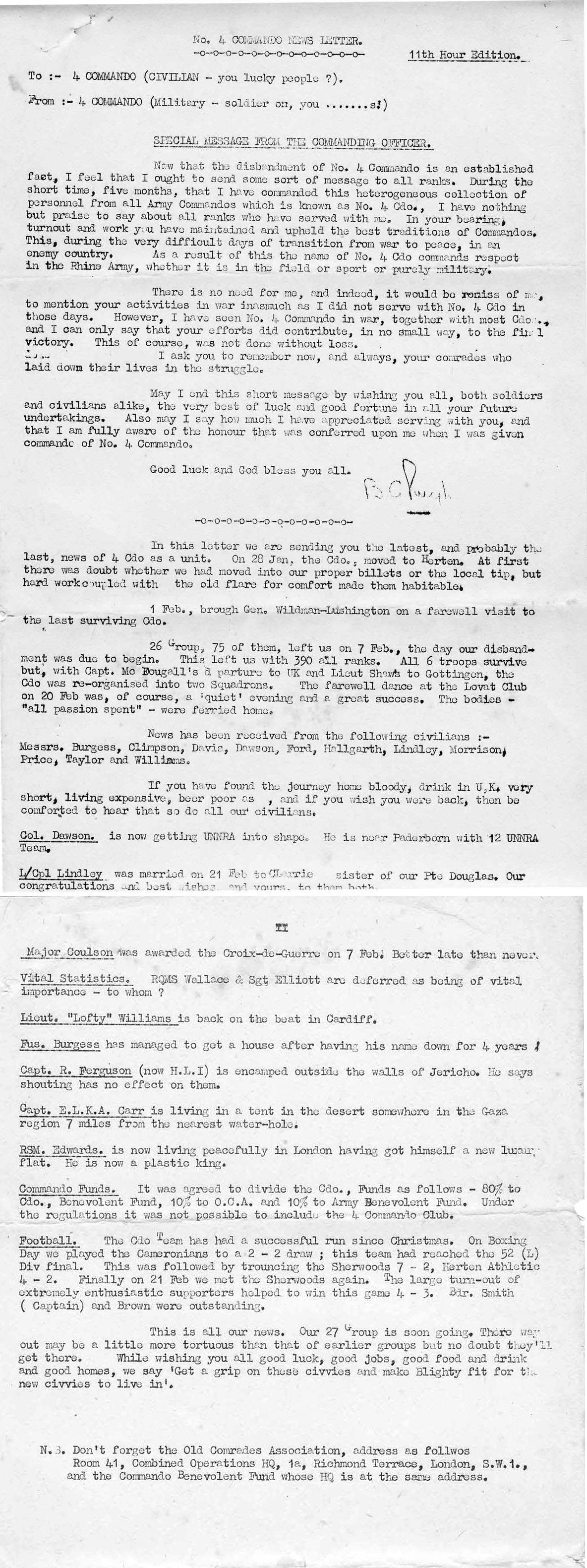 Post war No.4 Commando newsletter 11th hour edition