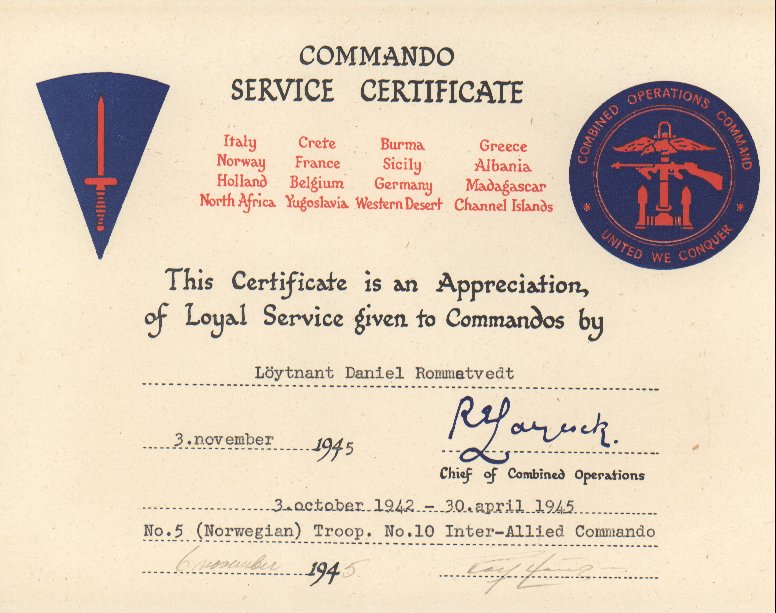 Commando Service Certificate for Daniel Rommetvedt