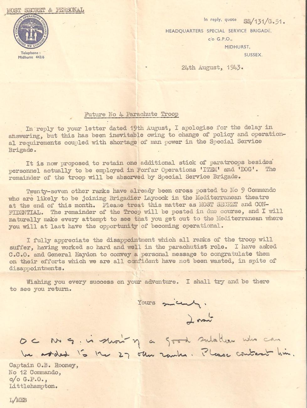 Letter from Lord Lovat to Captain Rooney re the future of 12 Commando