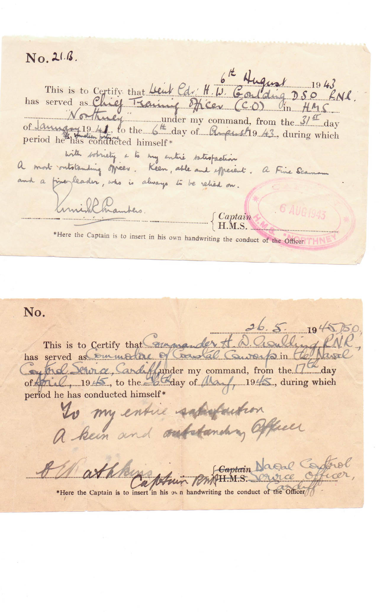 Service Documents for Cmdr. H. W. Goulding DSO RNR