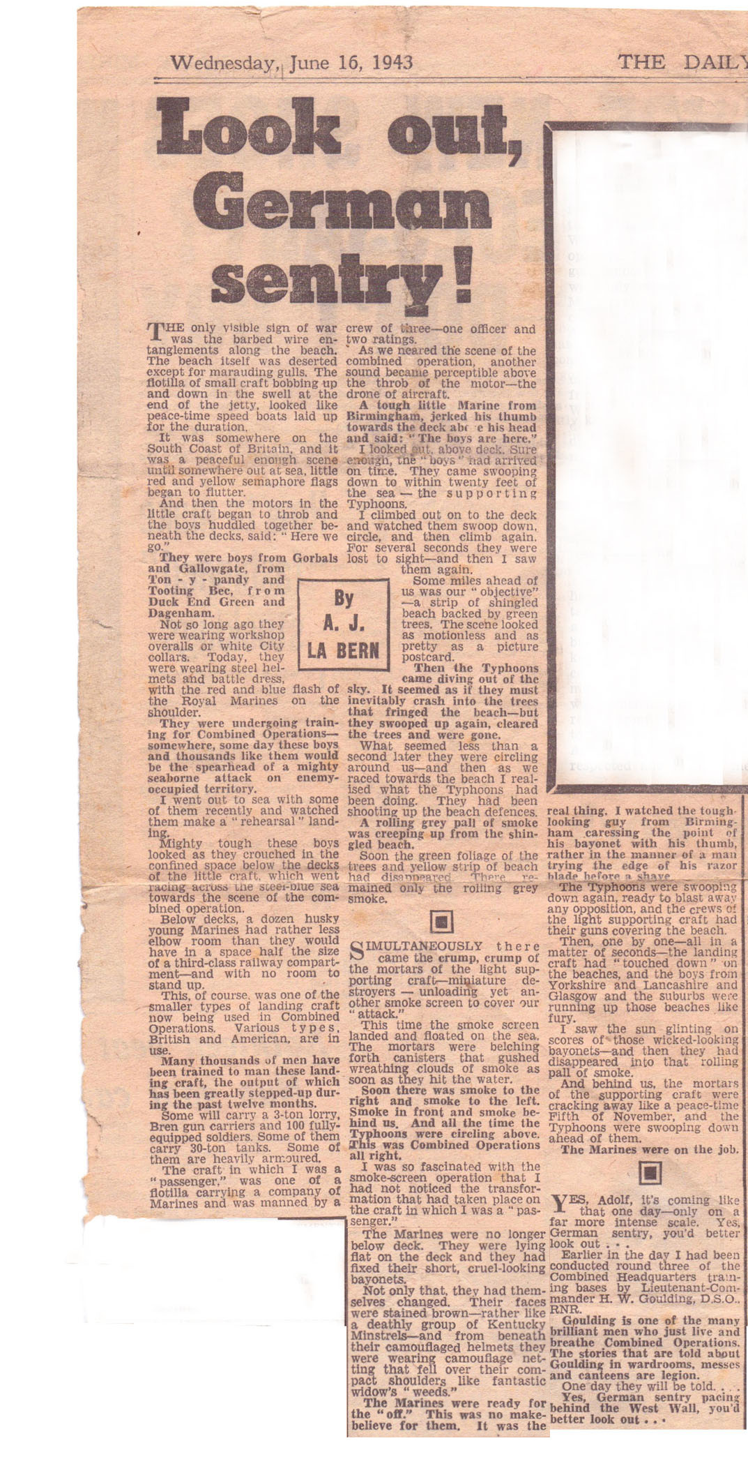 Newspaper article titled "Lookout German sentry" dated June 16th 1943