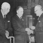 Henry Brown MBE being presented with a cheque by Major General Sir Robert Laycock KCMG, CB, DSO