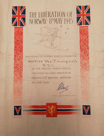 Norway Certificate for Gnr. Thomas Campbell No.3 Cdo and SSRF