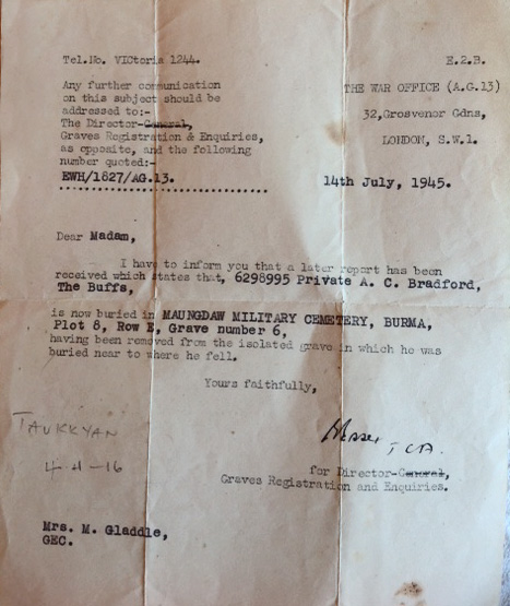 Letter re Pte Alan Bradford No 5 Commando burial