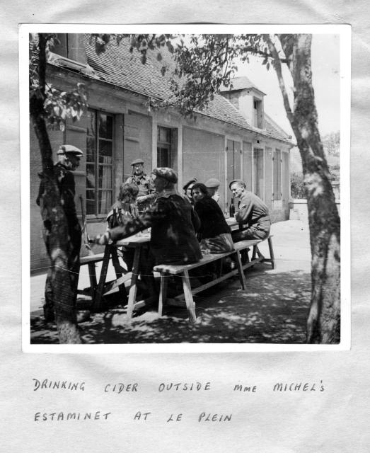 Col. Frederick Emuss (45RM  Cdo) and others from 1 Special Service Brigade o/s Cafe Michel at Le Plein, June 1944