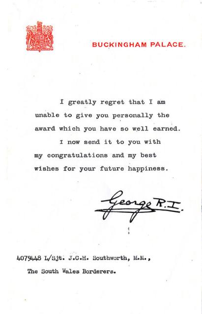 Letter from HM King George VI to John Southworth MM