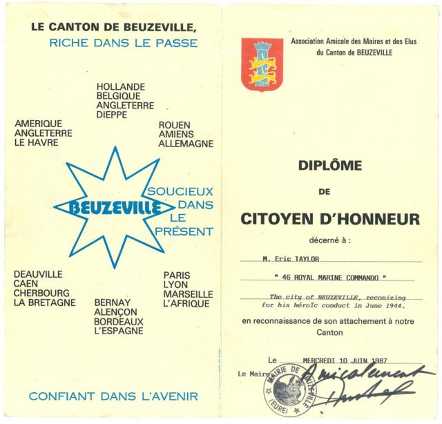 Eric Taylor's Certificate from the people of Beuzeville.