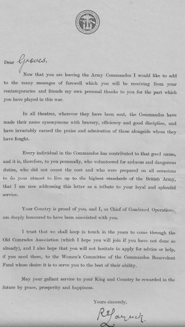 Letter from Laycock to Eric Groves MM on leaving the Commandos
