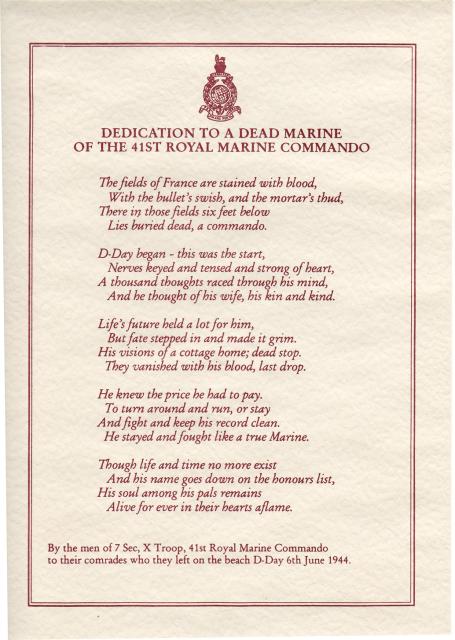 Dedication to a Dead Marine of the 41 Royal Marine Commando