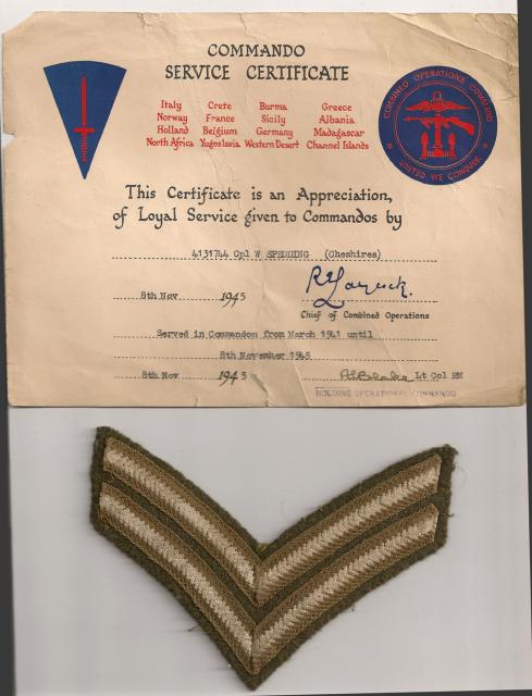 Commando Service Certificate and stripes of Cpl. William Spedding