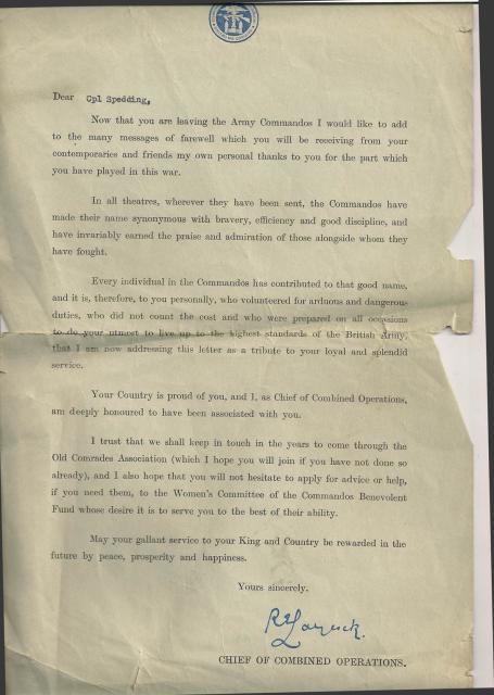 Laycock letter to Cpl William Spedding