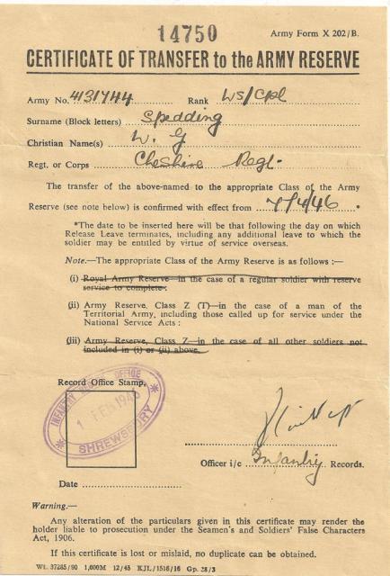 Army Reserve transfer certificate for Cpl W Spedding