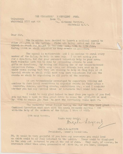Appeal letter to raise funds for the Commando Benevolent Fund