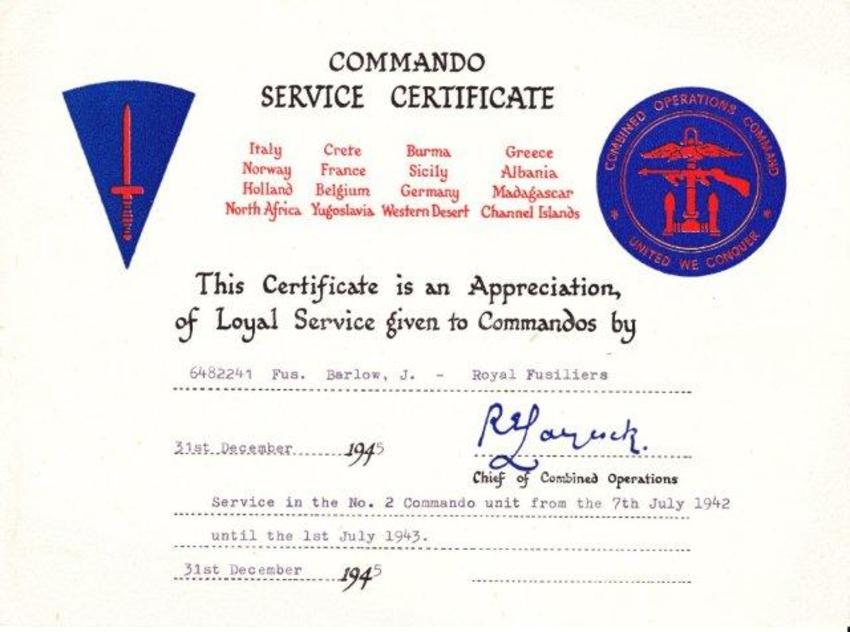 Commando Service Certificate for Jack Barlow No.2 Cdo.