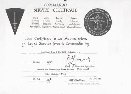 Commando Service Certificate for Pte Fallon No.5 Commando