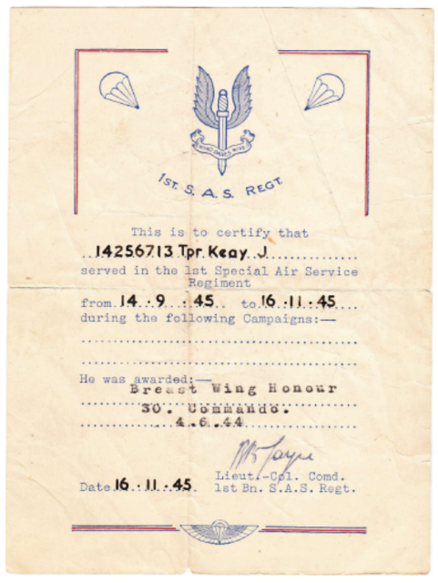 Harry Keay's SAS Certificate
