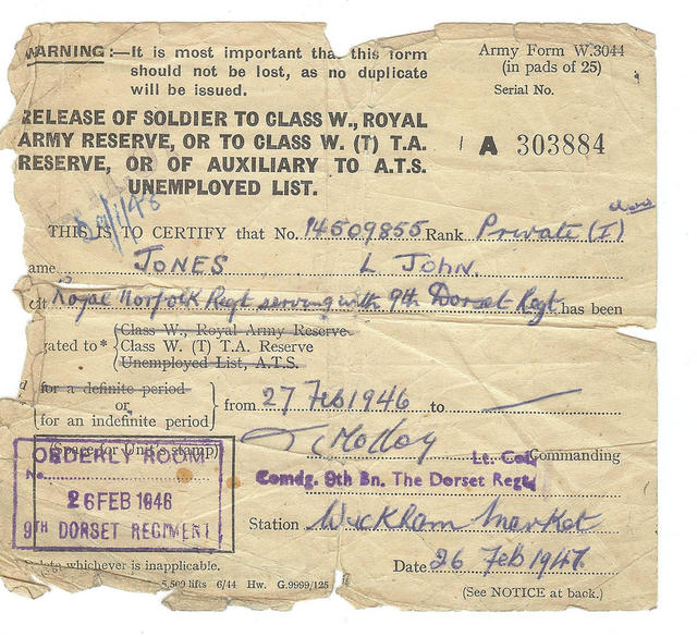 Pte Lewis John Jones  (Release to Reserves certificate)