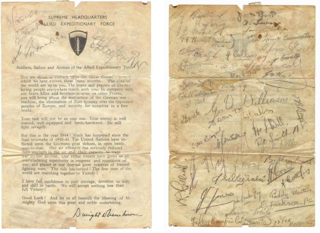 Eishenhower letter with signatures of  'D' troop No.4 Commando