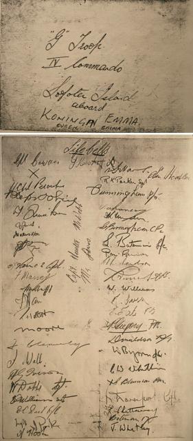 Signatures of 'G' troop No.4 Cdo. on board the Queen Emma