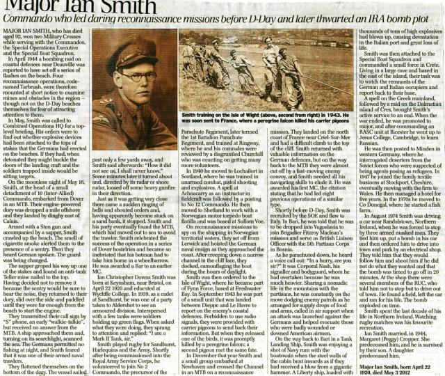 The Obituary in the Daily Telegraph for Major Ian Smith MC and bar