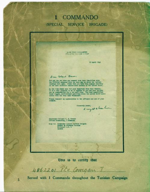 No. 1 Commando Tunisian certificate for Pte.James Corrigan