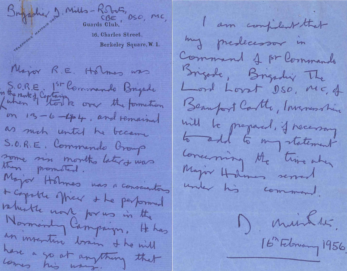 Letter of reference for Major Holmes from Brigadier Derek Mills-Roberts