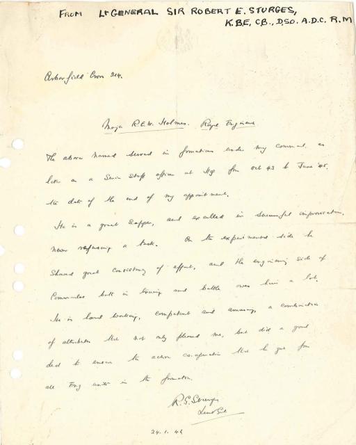 Letter of reference for Major Holmes from from Lt. General Sir Robert Sturges