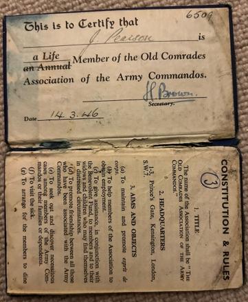 Commando Association membership card for Joe Pearson No.6 Commando