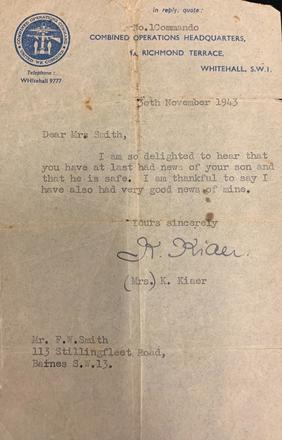 Letter from Mrs. Kiaer to the mother of Gnr. John Smith No.1 Cdo