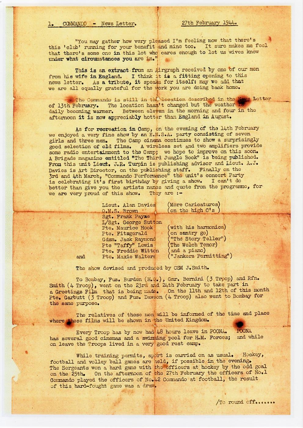 No1 Commando News Letter 27 Feb 1944-page 1-owner Teresa Fitzgerald.
